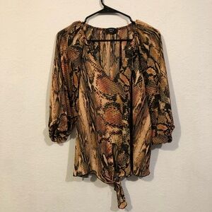 VICI Womens Snakeskin Print V-Neck Tie Front Blouse